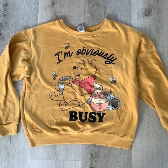 Disney - Yellow Winnie The Pooh "I'm Obviously Busy" Crewneck Sweatshirt Sz L - Picture 1 of 9